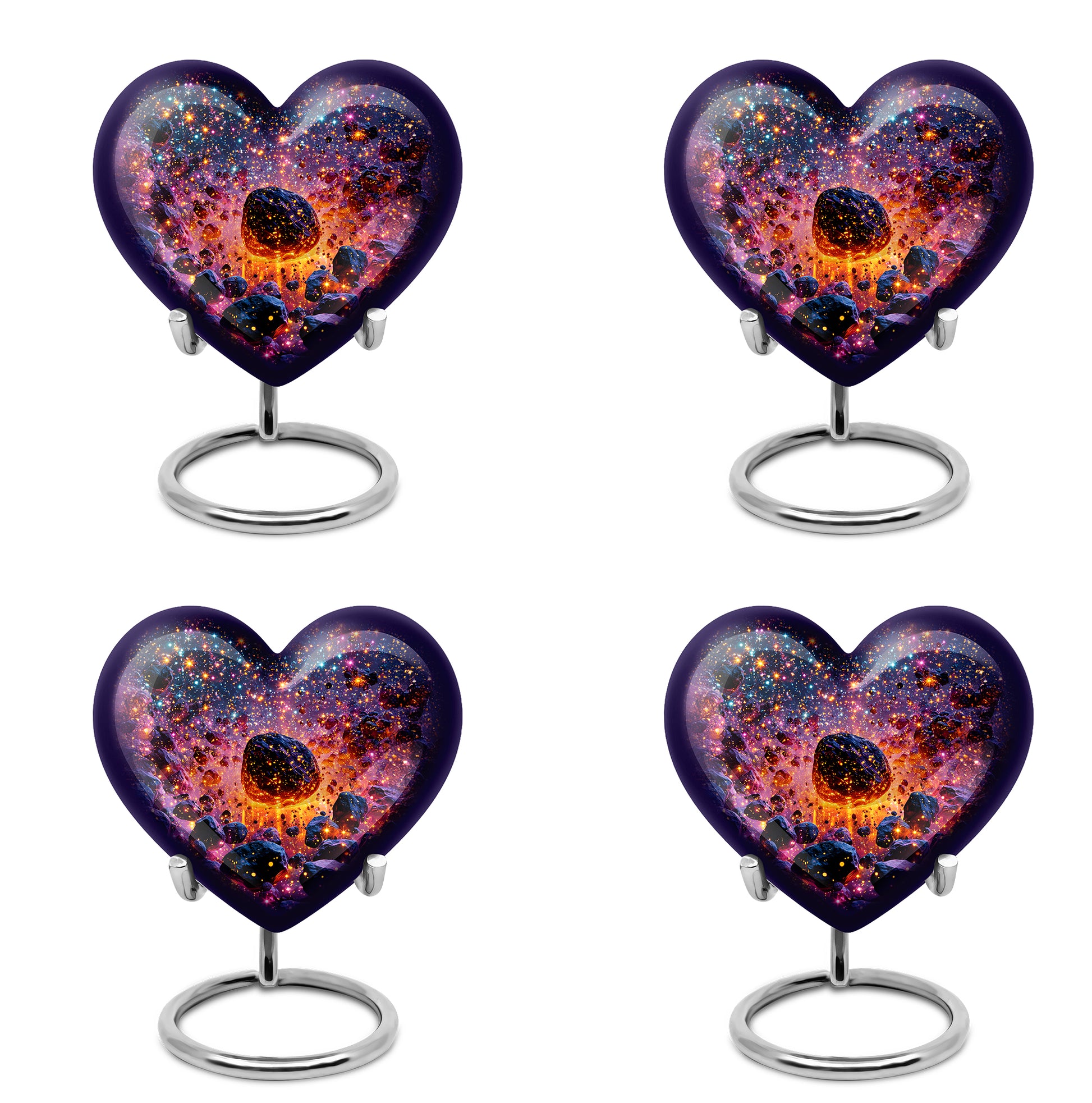 Royal Blue Galaxy Cremation Urn angled view of lid and engraved motif - compassionate heart-galaxy combination with gentle curves - 10 inch aluminum urn for cremated remains