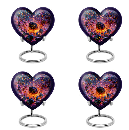 Royal Blue Galaxy Cremation Urn angled view of lid and engraved motif - compassionate heart-galaxy combination with gentle curves - 10 inch aluminum urn for cremated remains