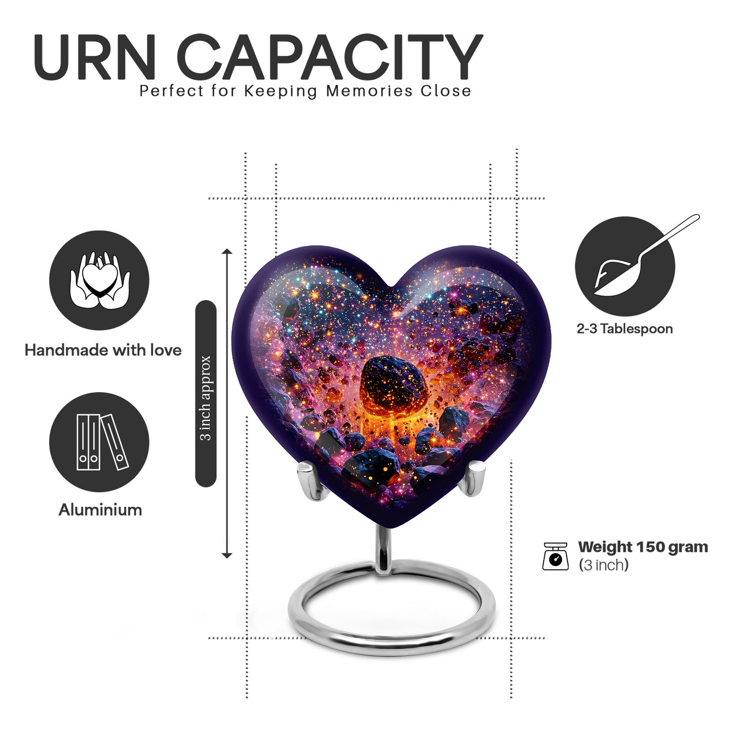 Navy Blue Galaxy Cremation Urn front view showing detailed design - loving heart memorial featuring galaxy pattern - mini keepsake memorial for portion of cremation ashes