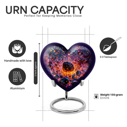 Navy Blue Galaxy Cremation Urn front view showing detailed design - loving heart memorial featuring galaxy pattern - mini keepsake memorial for portion of cremation ashes