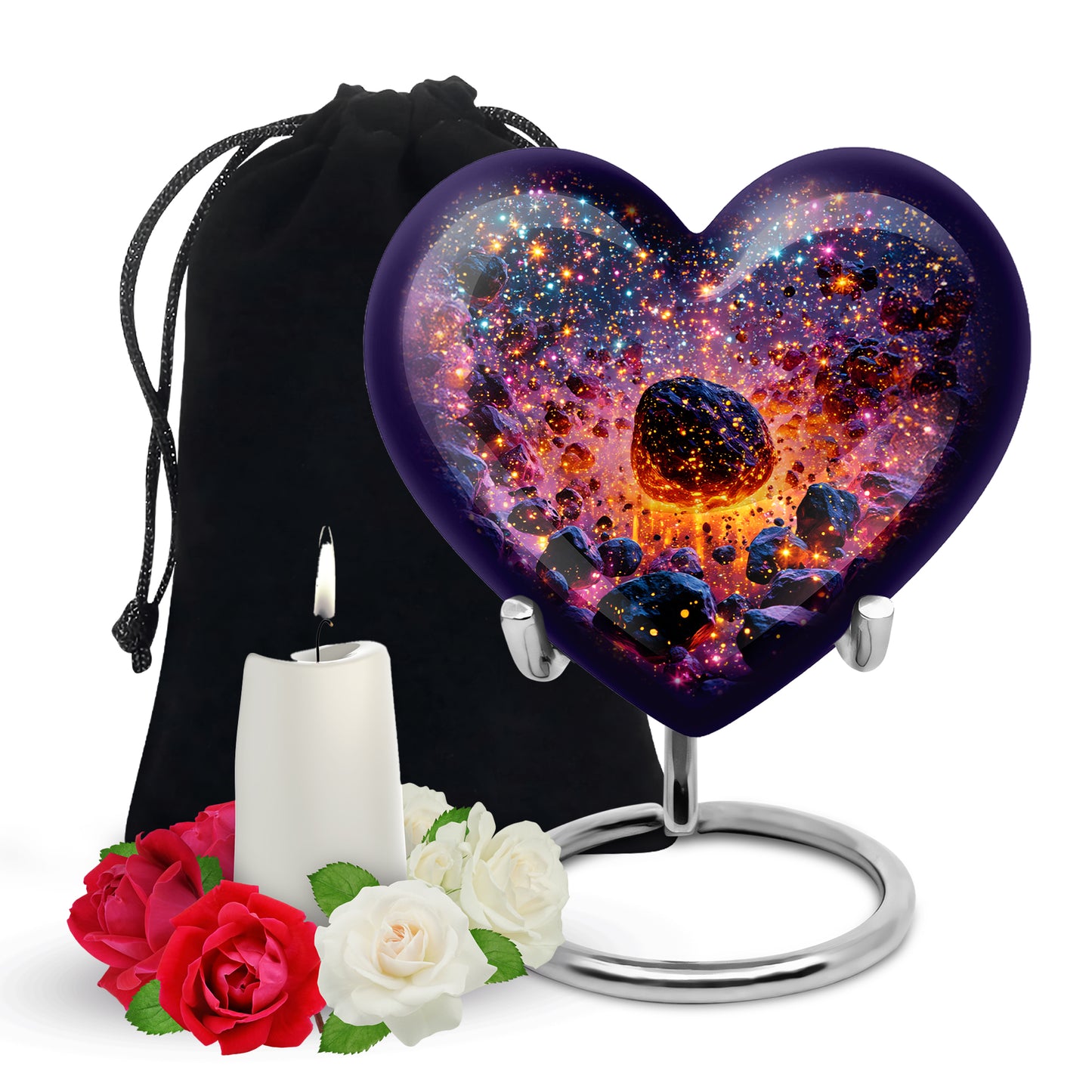 Pastel Blue Galaxy Cremation Urn detail view - loving heart memorial featuring galaxy pattern - full-size 10 inch 200 cubic inch adult cremation urn