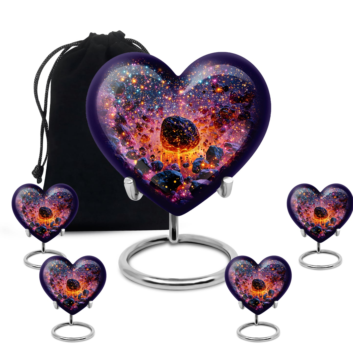 Celestial Blue Galaxy Cremation Urn close-up of engraving and surface detail - heart-shaped galaxy design symbolizing eternal love - memorial set with one large and four small urns