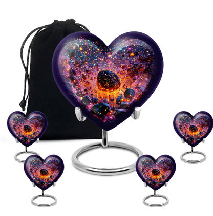 Celestial Blue Galaxy Cremation Urn close-up of engraving and surface detail - heart-shaped galaxy design symbolizing eternal love - memorial set with one large and four small urns