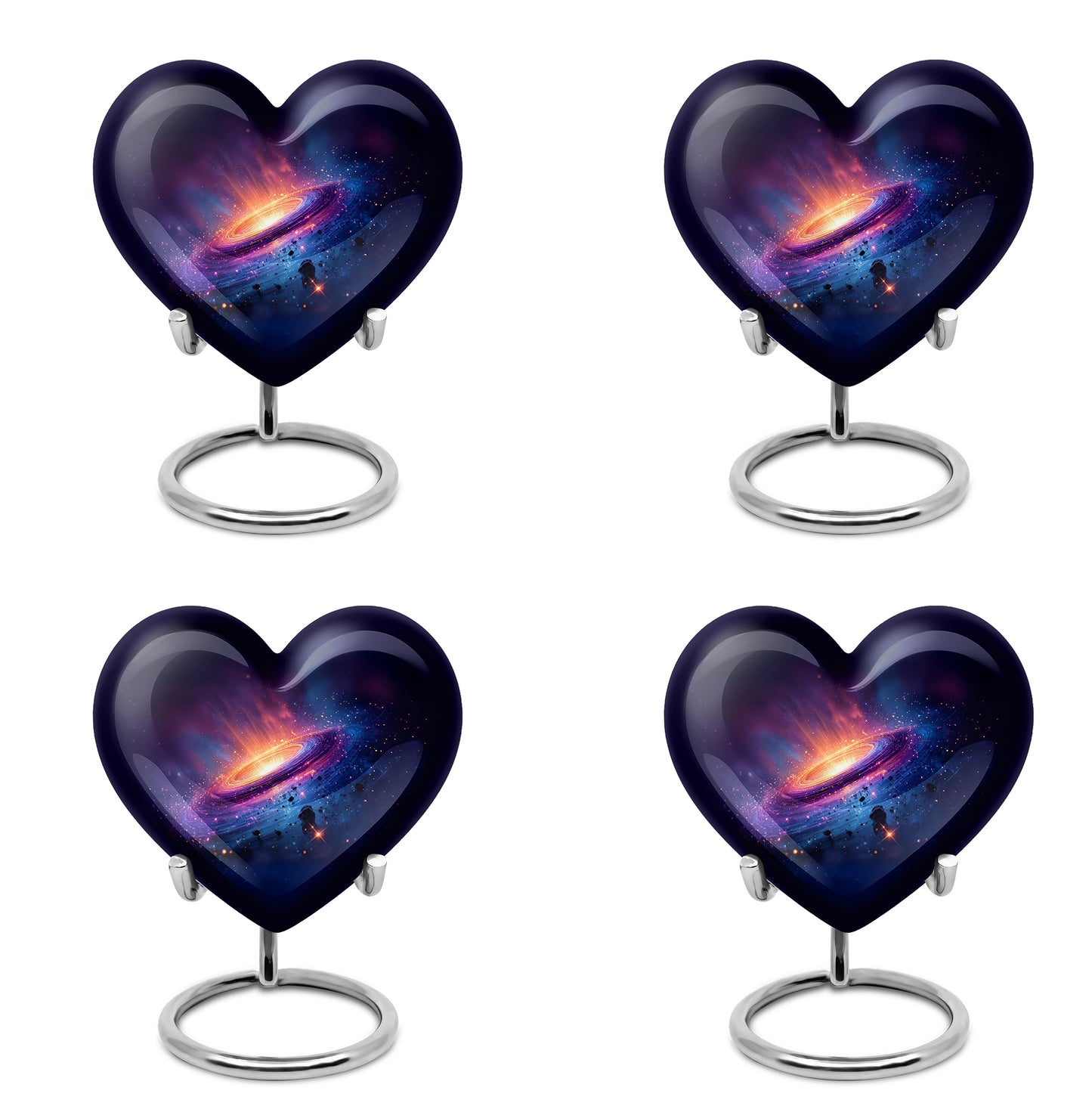 Celestial Blue Galaxy Cremation Urn angled view of lid and engraved motif - loving heart memorial featuring galaxy pattern - 10 inch aluminum urn for cremated remains