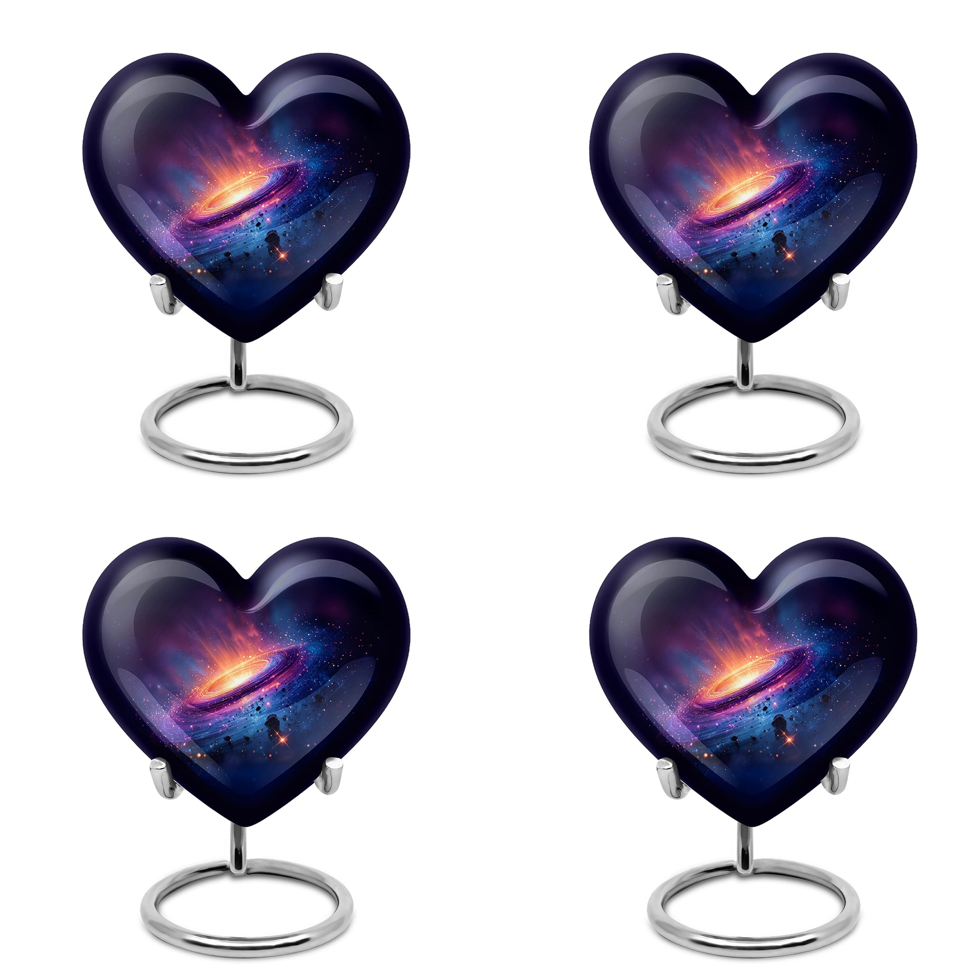 Celestial Blue Galaxy Cremation Urn angled view of lid and engraved motif - loving heart memorial featuring galaxy pattern - 10 inch aluminum urn for cremated remains