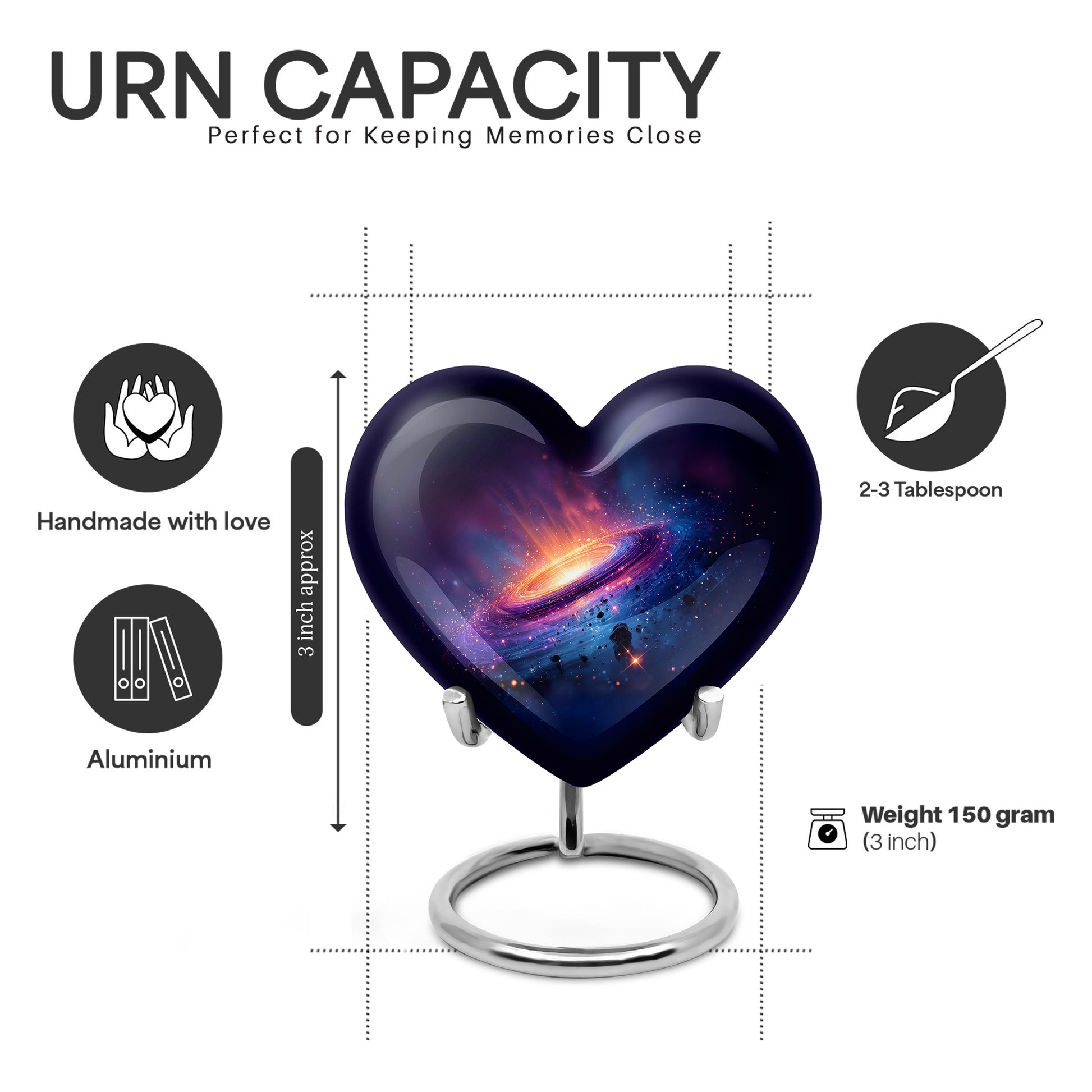 Vivid Blue Galaxy Cremation Urn front view showing detailed design - compassionate heart-galaxy combination with gentle curves - mini keepsake memorial for portion of cremation ashes