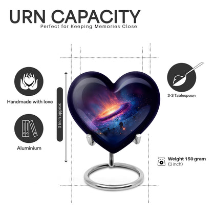 Vivid Blue Galaxy Cremation Urn front view showing detailed design - compassionate heart-galaxy combination with gentle curves - mini keepsake memorial for portion of cremation ashes