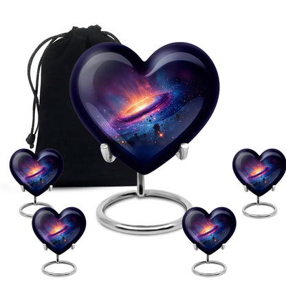 Azure Galaxy Cremation Urn close-up of engraving and surface detail - loving heart memorial featuring galaxy pattern - memorial set with one large and four small urns