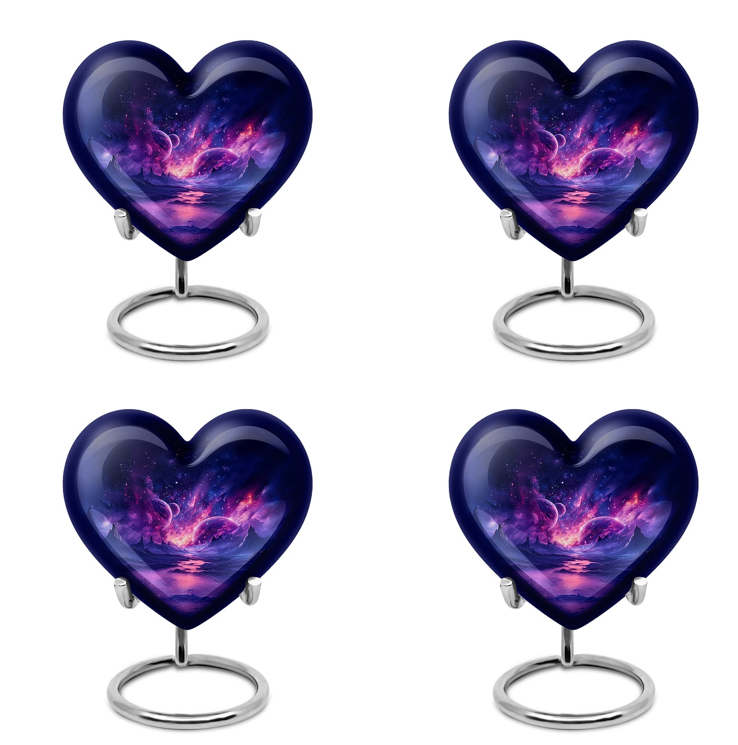 Powder Blue Galaxy Cremation Urn angled view of lid and engraved motif - loving heart memorial featuring galaxy pattern - 10 inch aluminum urn for cremated remains