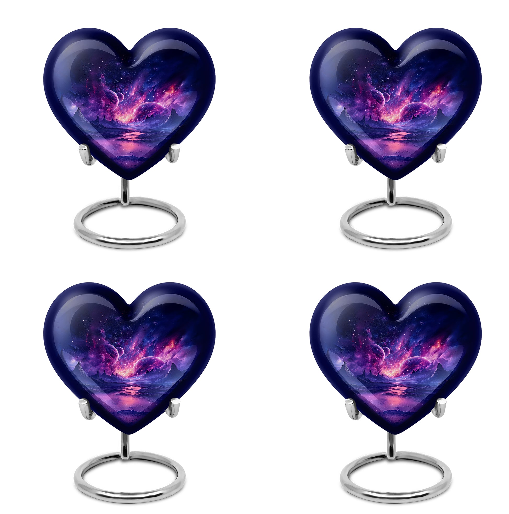 Powder Blue Galaxy Cremation Urn angled view of lid and engraved motif - loving heart memorial featuring galaxy pattern - 10 inch aluminum urn for cremated remains