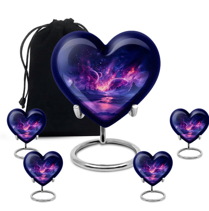 Misty Blue Galaxy Cremation Urn close-up of engraving and surface detail - heart-shaped galaxy design symbolizing eternal love - memorial set with one large and four small urns
