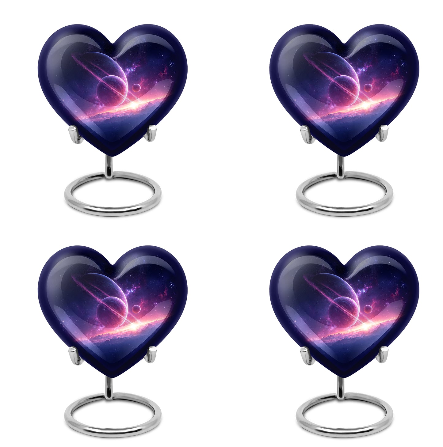 Twilight Blue Galaxy Cremation Urn angled view of lid and engraved motif - compassionate heart-galaxy combination with gentle curves - 10 inch aluminum urn for cremated remains