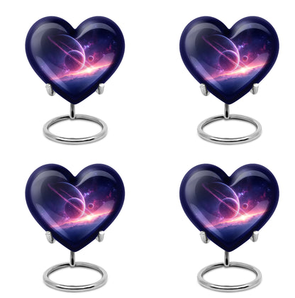 Twilight Blue Galaxy Cremation Urn angled view of lid and engraved motif - compassionate heart-galaxy combination with gentle curves - 10 inch aluminum urn for cremated remains