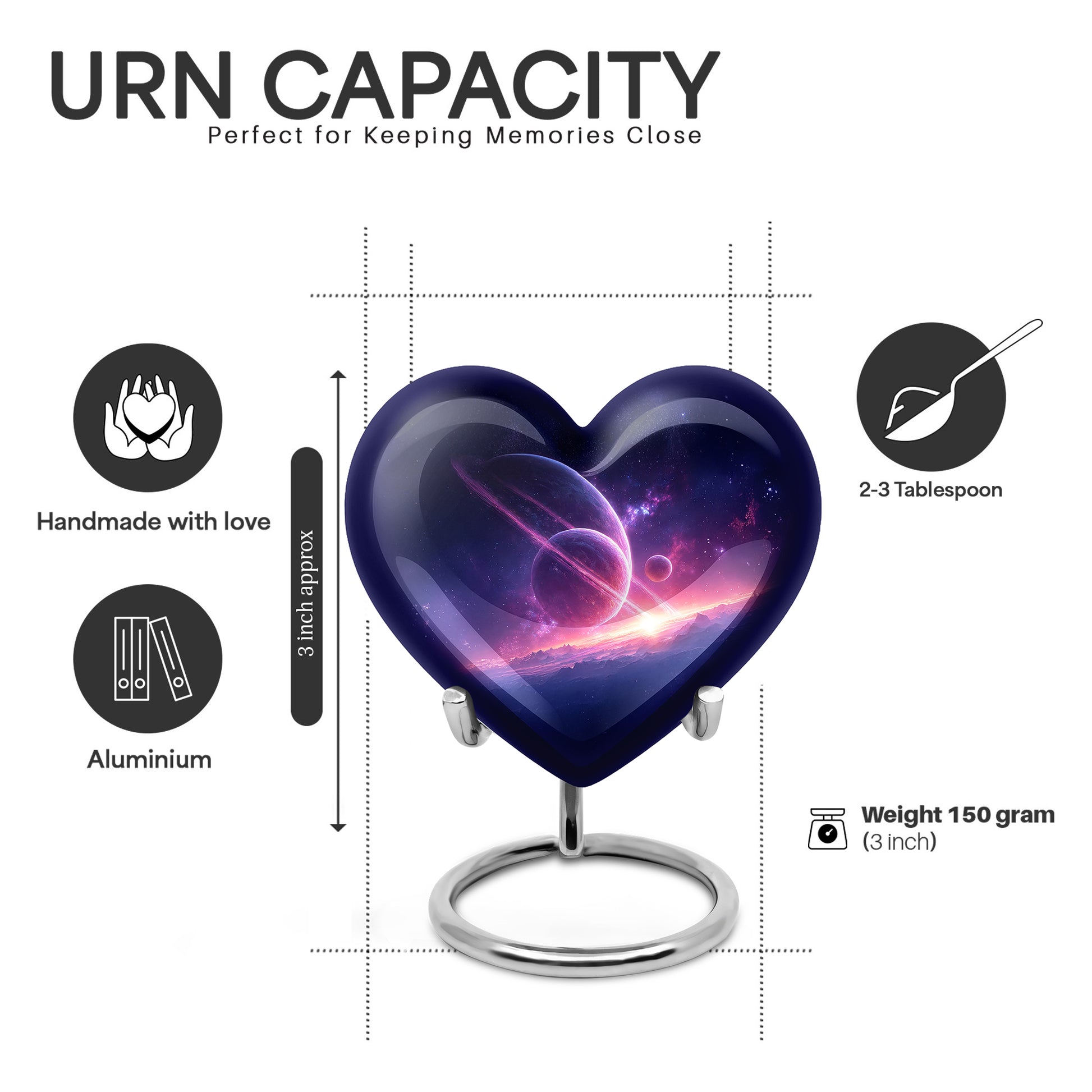 Bright Blue Galaxy Cremation Urn front view showing detailed design - romantic heart urn with galaxy motif on aluminum - mini keepsake memorial for portion of cremation ashes