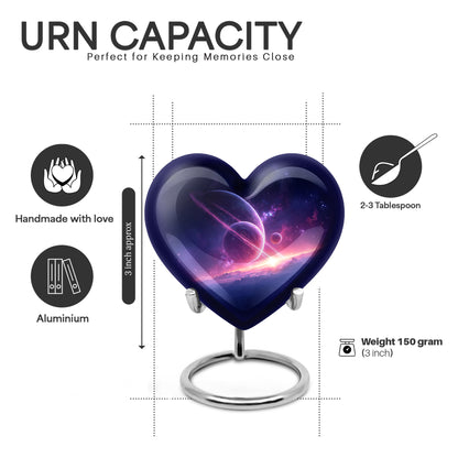 Bright Blue Galaxy Cremation Urn front view showing detailed design - romantic heart urn with galaxy motif on aluminum - mini keepsake memorial for portion of cremation ashes