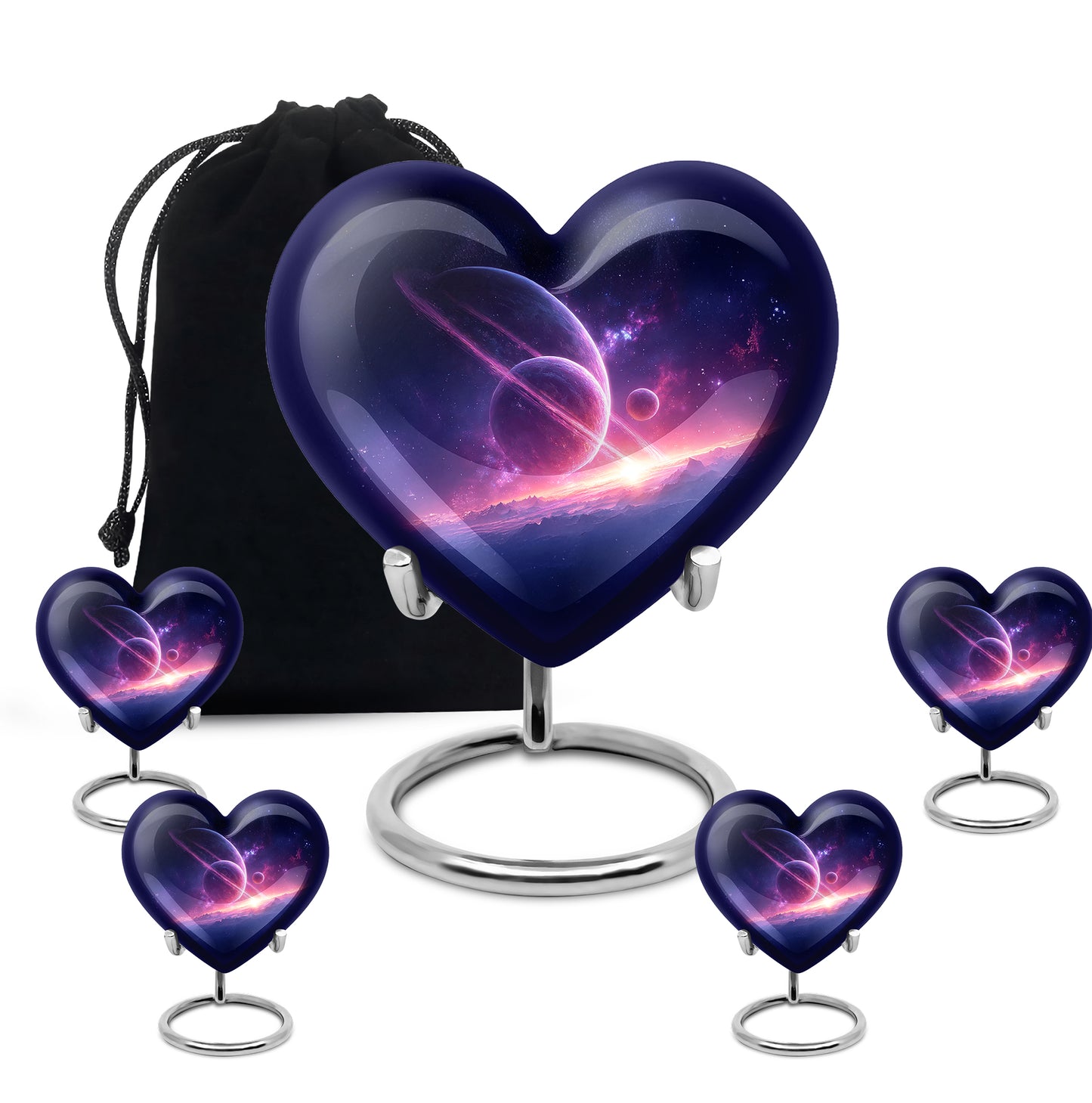 Dusty Blue Galaxy Cremation Urn close-up of engraving and surface detail - loving heart memorial featuring galaxy pattern - memorial set with one large and four small urns