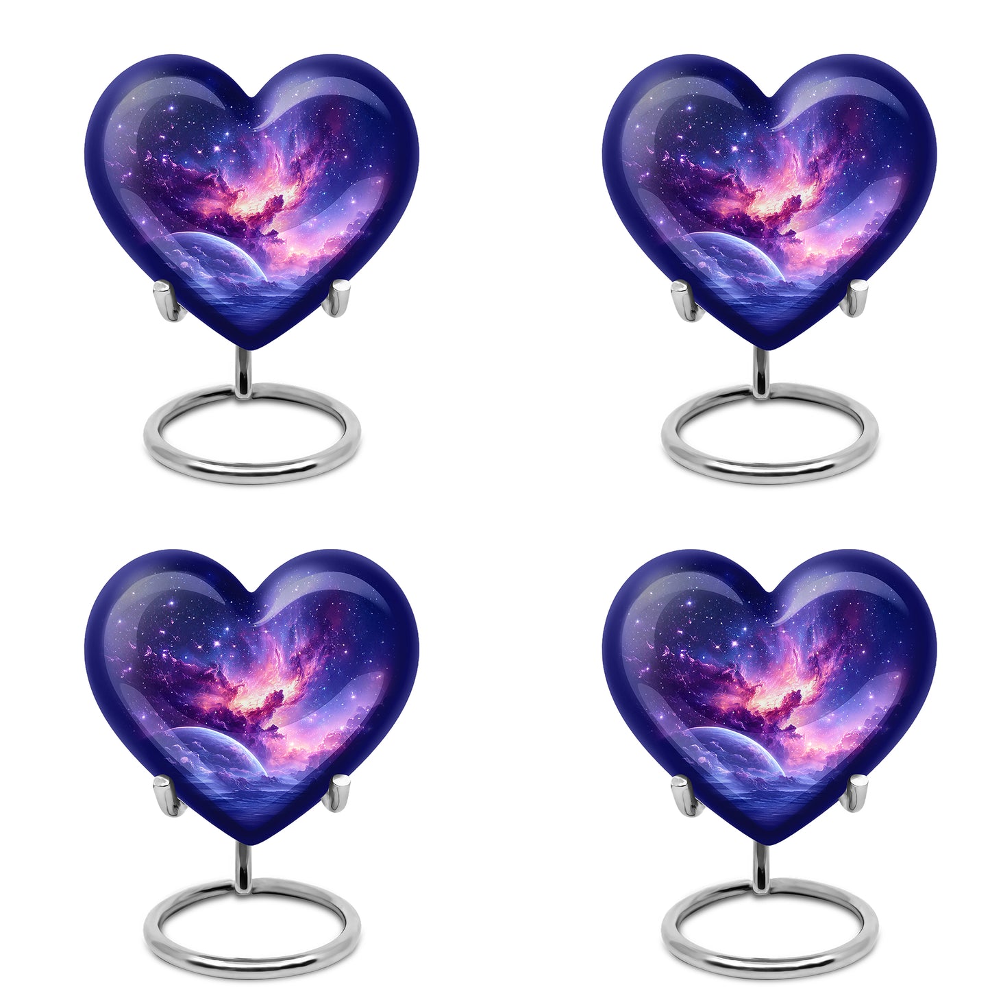 Cobalt Blue Galaxy Cremation Urn angled view of lid and engraved motif - romantic heart urn with galaxy motif on aluminum - 10 inch aluminum urn for cremated remains