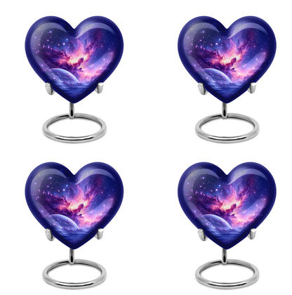 Cobalt Blue Galaxy Cremation Urn angled view of lid and engraved motif - romantic heart urn with galaxy motif on aluminum - 10 inch aluminum urn for cremated remains