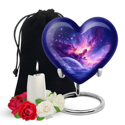Serene Blue Galaxy Cremation Urn detail view - romantic heart urn with galaxy motif on aluminum - full-size 10 inch 200 cubic inch adult cremation urn