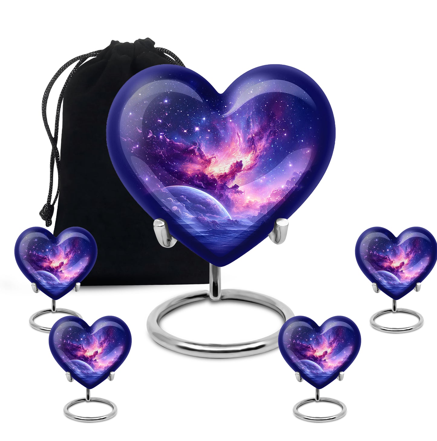 Icy Blue Galaxy Cremation Urn close-up of engraving and surface detail - heart-shaped galaxy design symbolizing eternal love - memorial set with one large and four small urns