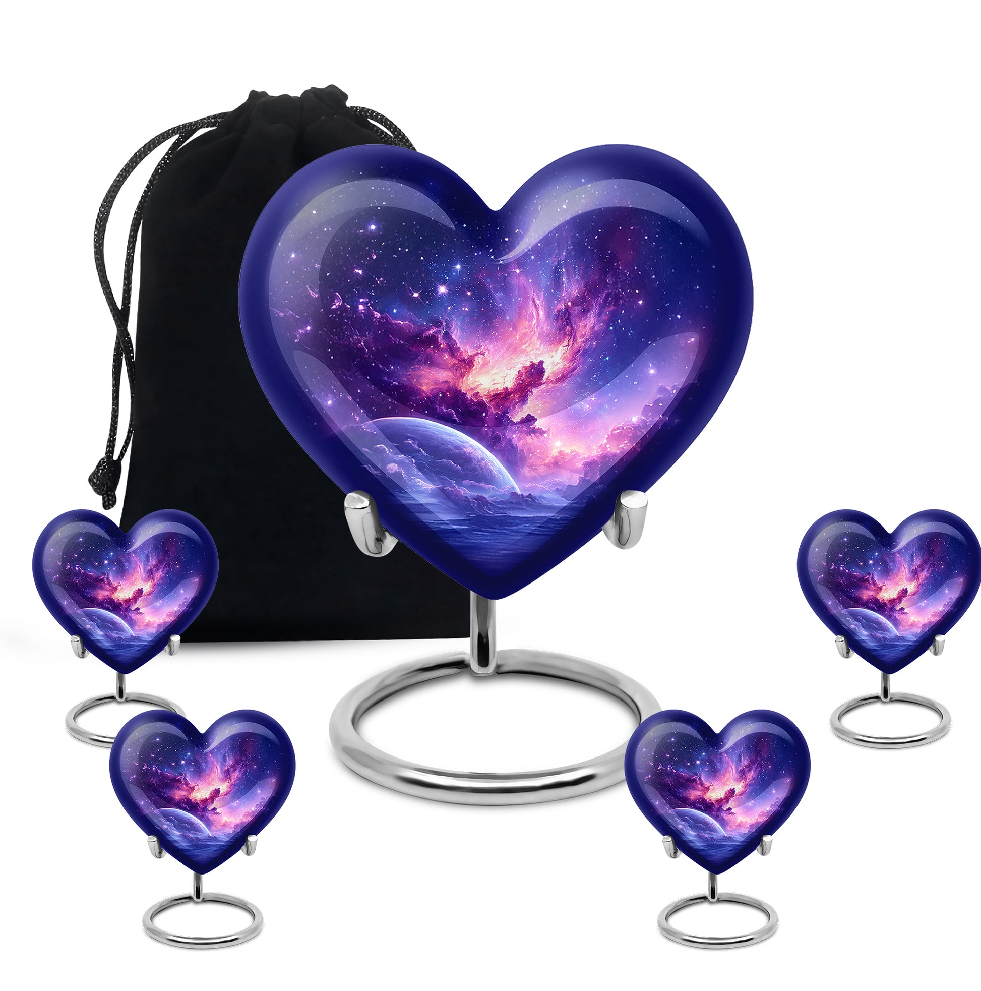 Icy Blue Galaxy Cremation Urn close-up of engraving and surface detail - heart-shaped galaxy design symbolizing eternal love - memorial set with one large and four small urns