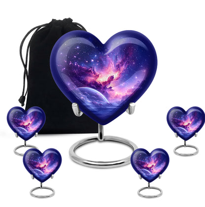 Icy Blue Galaxy Cremation Urn close-up of engraving and surface detail - heart-shaped galaxy design symbolizing eternal love - memorial set with one large and four small urns