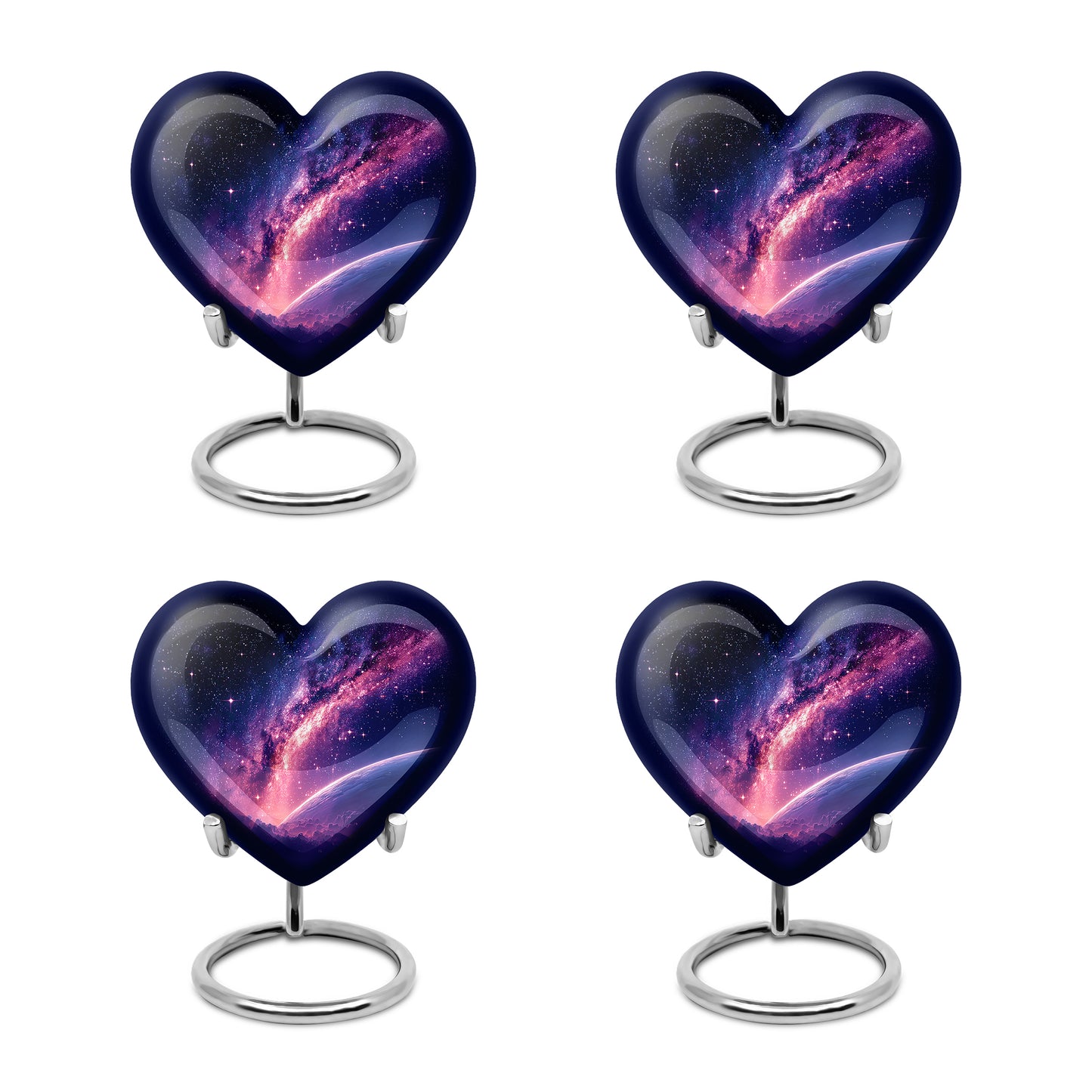 Sky Blue Galaxy Cremation Urn angled view of lid and engraved motif - heart-shaped galaxy design symbolizing eternal love - 10 inch aluminum urn for cremated remains
