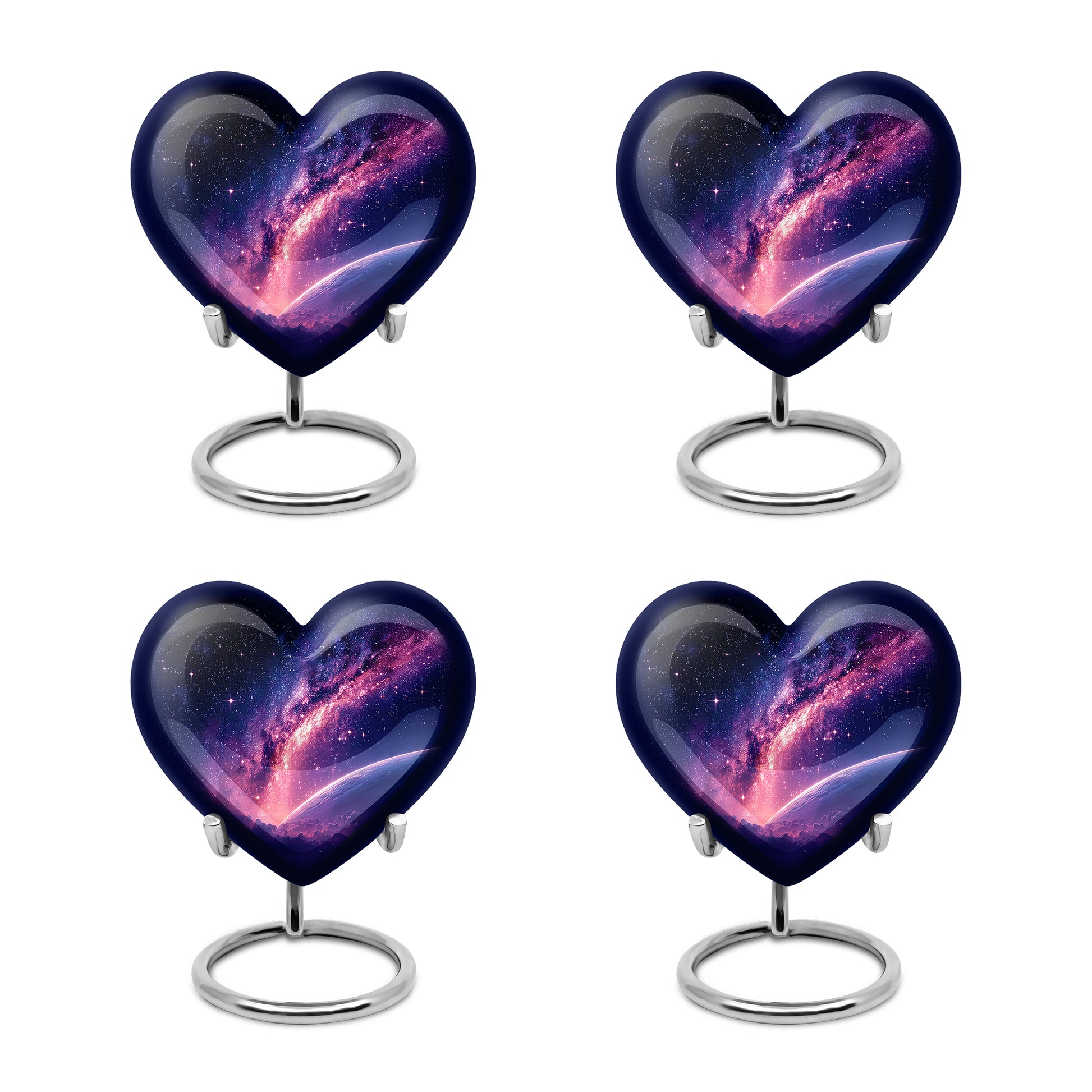 Sky Blue Galaxy Cremation Urn angled view of lid and engraved motif - heart-shaped galaxy design symbolizing eternal love - 10 inch aluminum urn for cremated remains