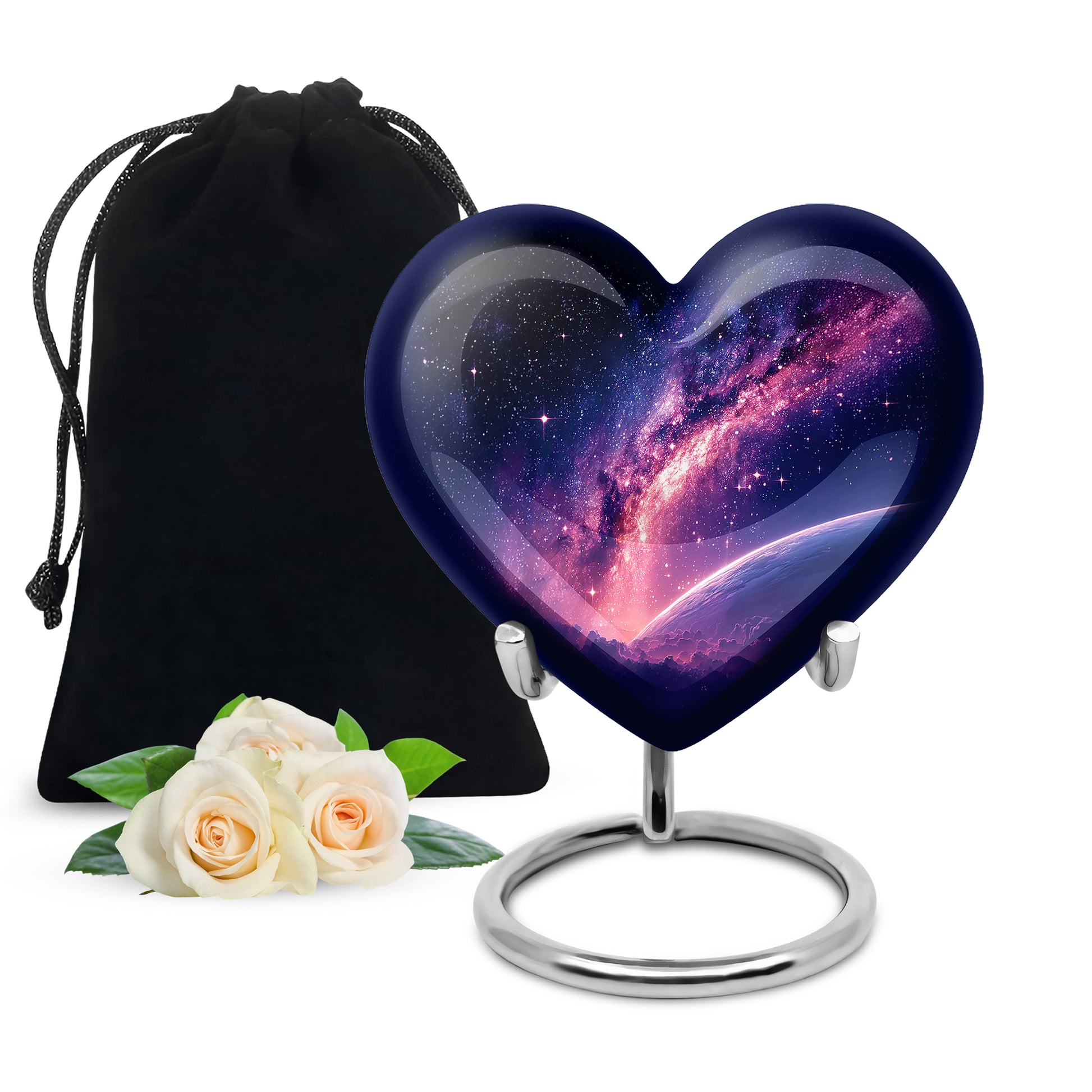 Powder Blue Galaxy Cremation Urn detail view - loving heart memorial featuring galaxy pattern - full-size 10 inch 200 cubic inch adult cremation urn