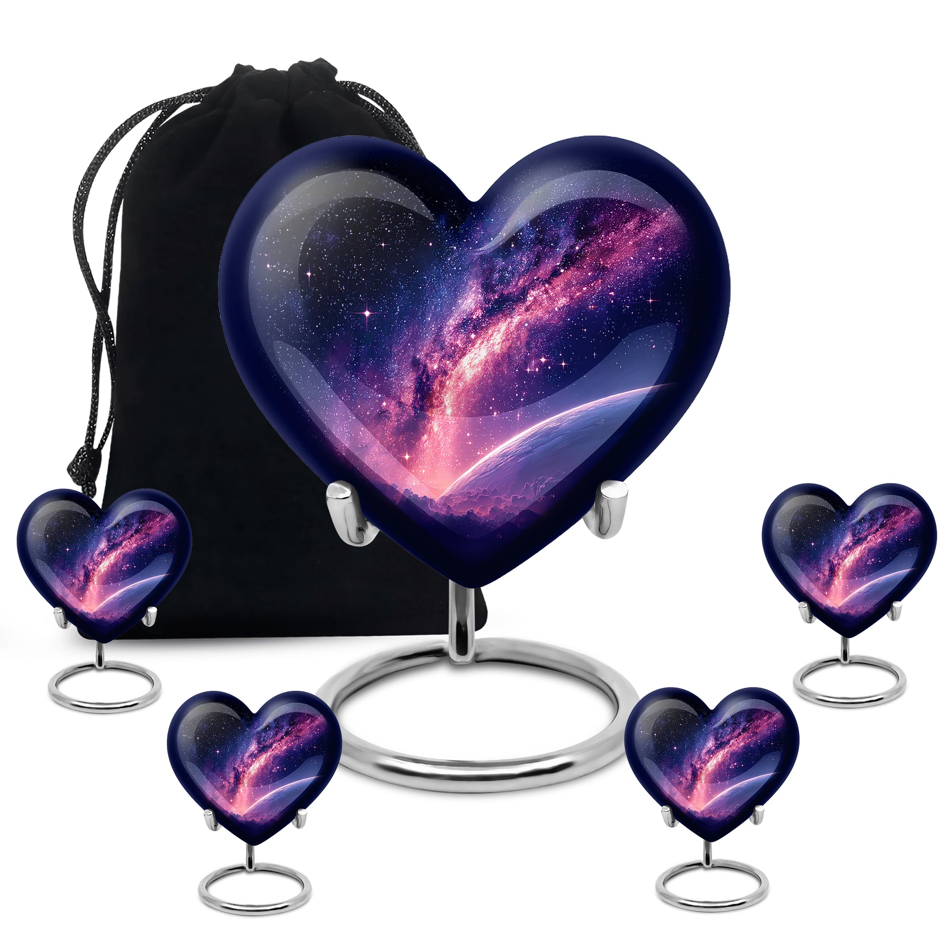 Misty Blue Galaxy Cremation Urn close-up of engraving and surface detail - loving heart memorial featuring galaxy pattern - memorial set with one large and four small urns