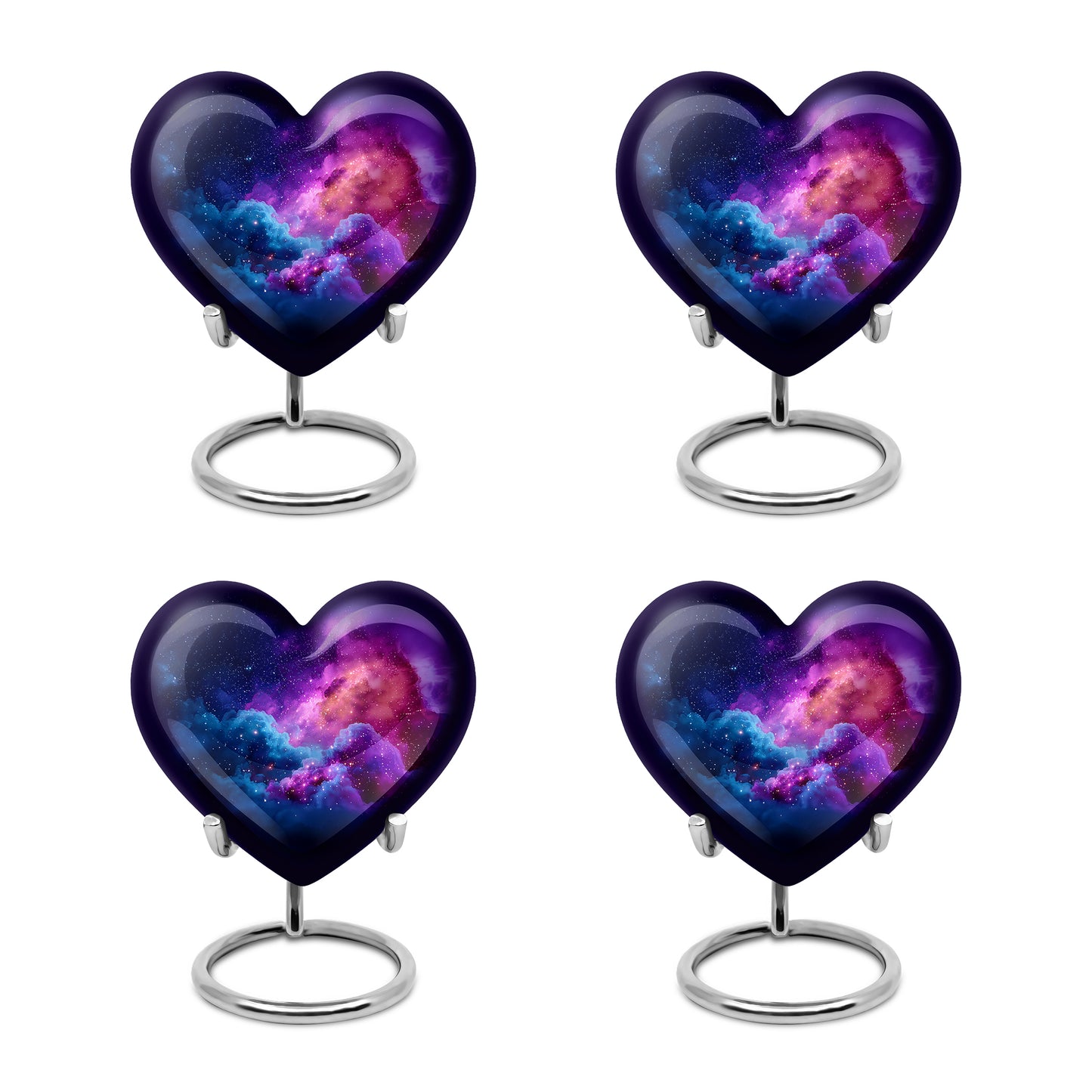 Dusty Blue Galaxy Cremation Urn angled view of lid and engraved motif - heart-shaped galaxy design symbolizing eternal love - 10 inch aluminum urn for cremated remains