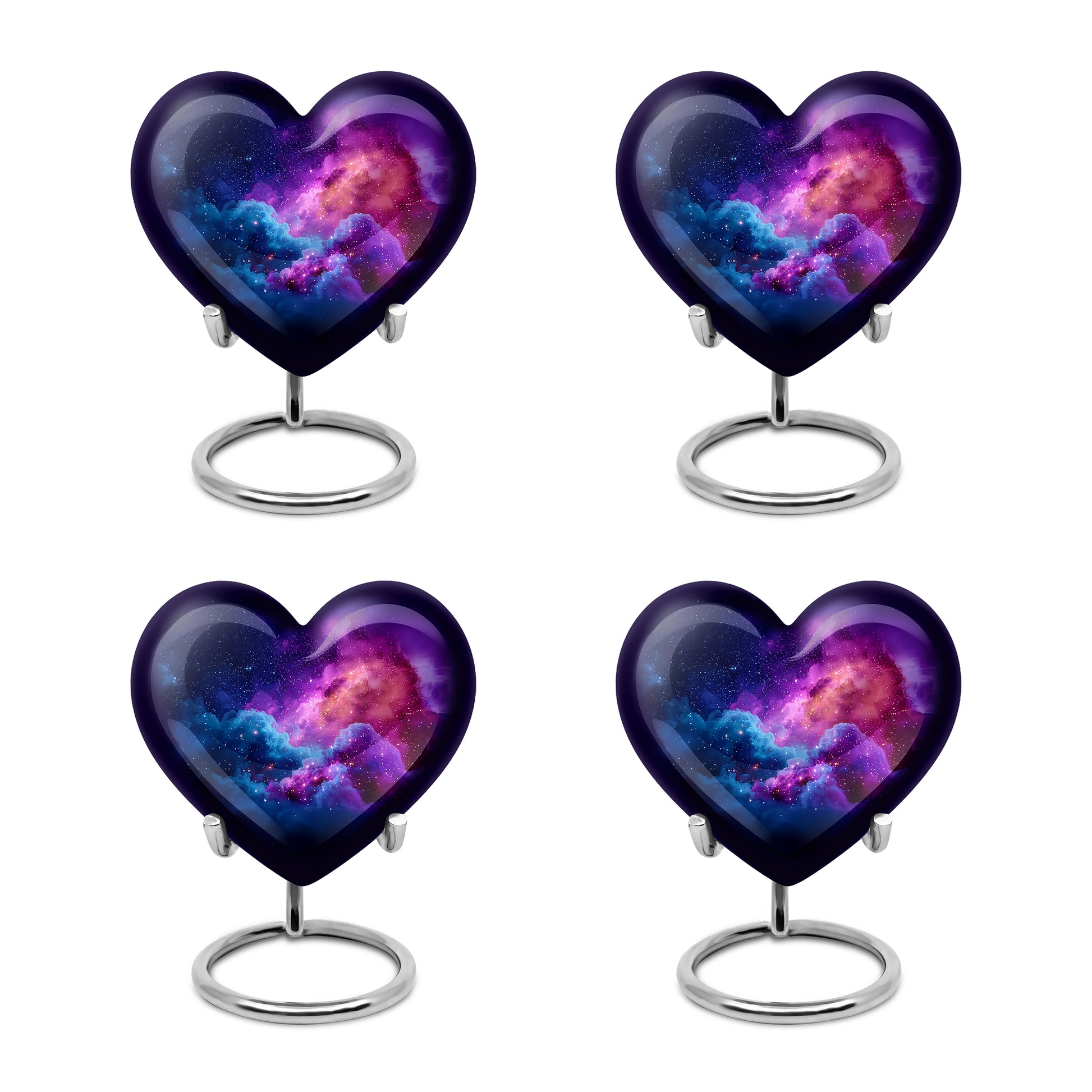 Dusty Blue Galaxy Cremation Urn angled view of lid and engraved motif - heart-shaped galaxy design symbolizing eternal love - 10 inch aluminum urn for cremated remains