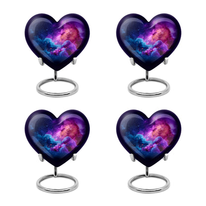 Dusty Blue Galaxy Cremation Urn angled view of lid and engraved motif - heart-shaped galaxy design symbolizing eternal love - 10 inch aluminum urn for cremated remains