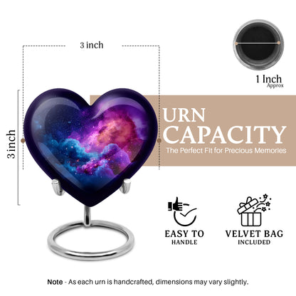 Misty Blue Galaxy Cremation Urn front view showing detailed design - heart-shaped galaxy design symbolizing eternal love - mini keepsake memorial for portion of cremation ashes