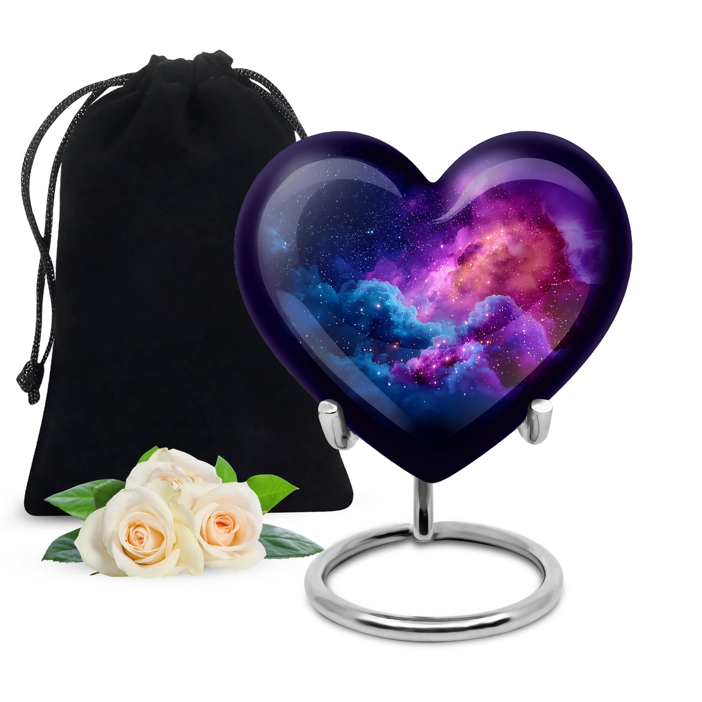 Icy Blue Galaxy Cremation Urn detail view - loving heart memorial featuring galaxy pattern - full-size 10 inch 200 cubic inch adult cremation urn