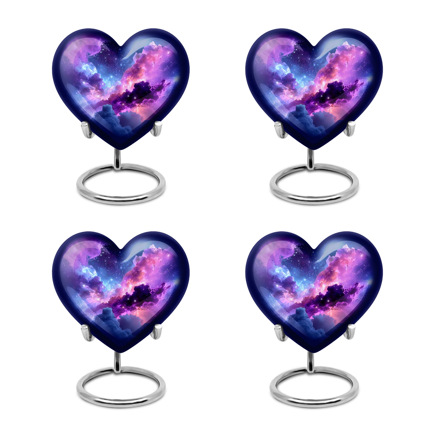 Dusty Blue Galaxy Cremation Urn angled view of lid and engraved motif - heart-shaped galaxy design symbolizing eternal love - 10 inch aluminum urn for cremated remains