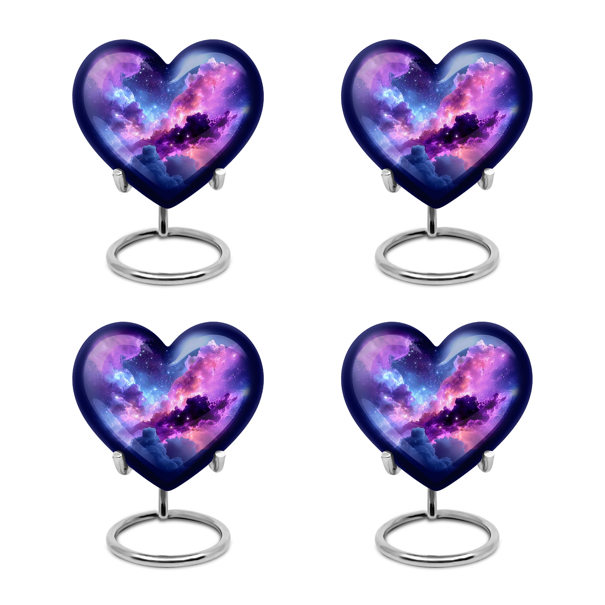 Dusty Blue Galaxy Cremation Urn angled view of lid and engraved motif - heart-shaped galaxy design symbolizing eternal love - 10 inch aluminum urn for cremated remains