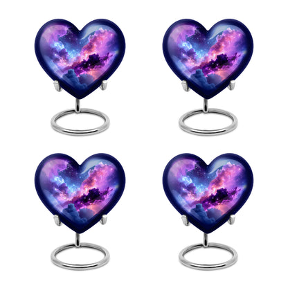 Dusty Blue Galaxy Cremation Urn angled view of lid and engraved motif - heart-shaped galaxy design symbolizing eternal love - 10 inch aluminum urn for cremated remains