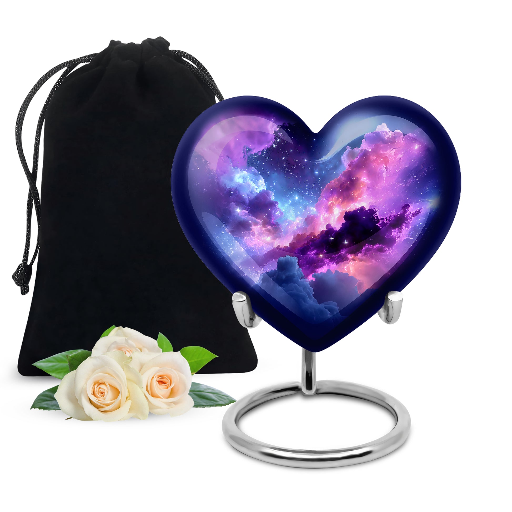 Pastel Blue Galaxy Cremation Urn detail view - loving heart memorial featuring galaxy pattern - full-size 10 inch 200 cubic inch adult cremation urn