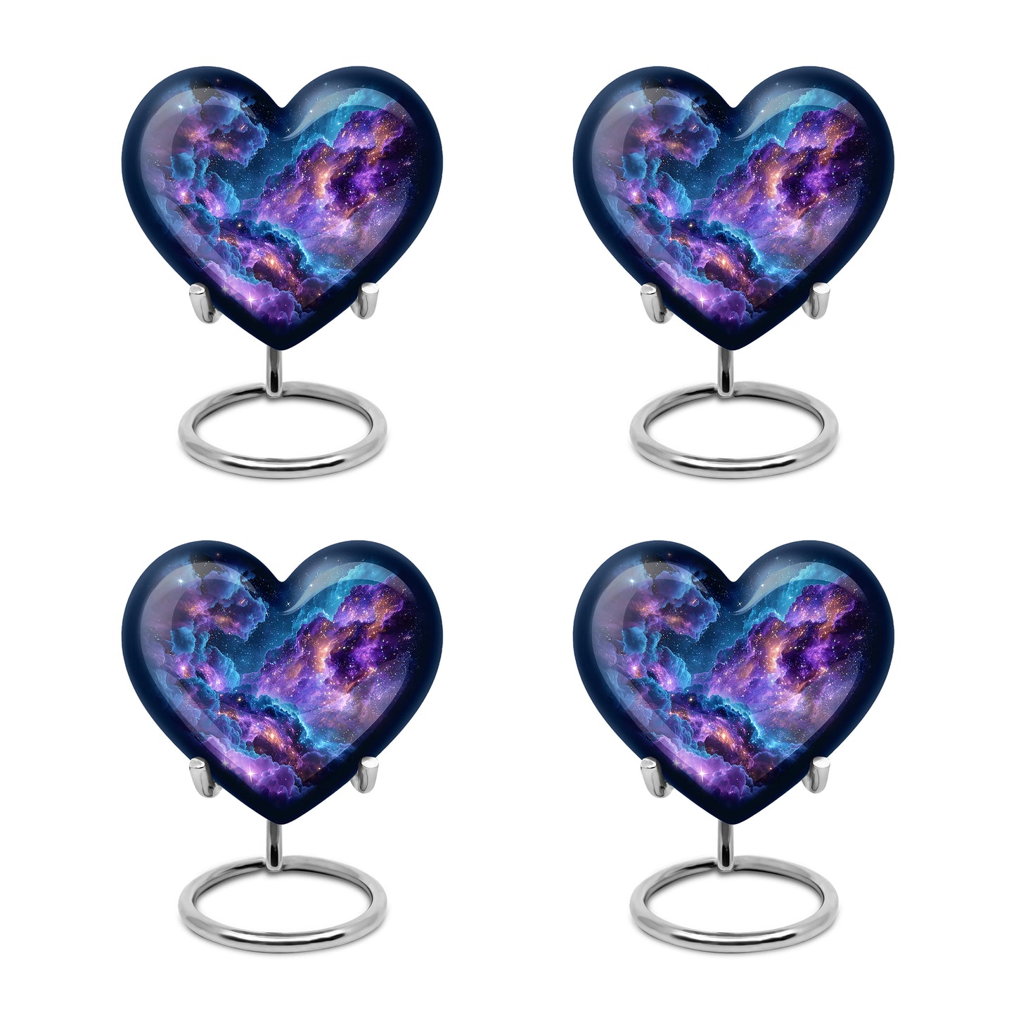 Indigo Galaxy Cremation Urn angled view of lid and engraved motif - loving heart memorial featuring galaxy pattern - 10 inch aluminum urn for cremated remains