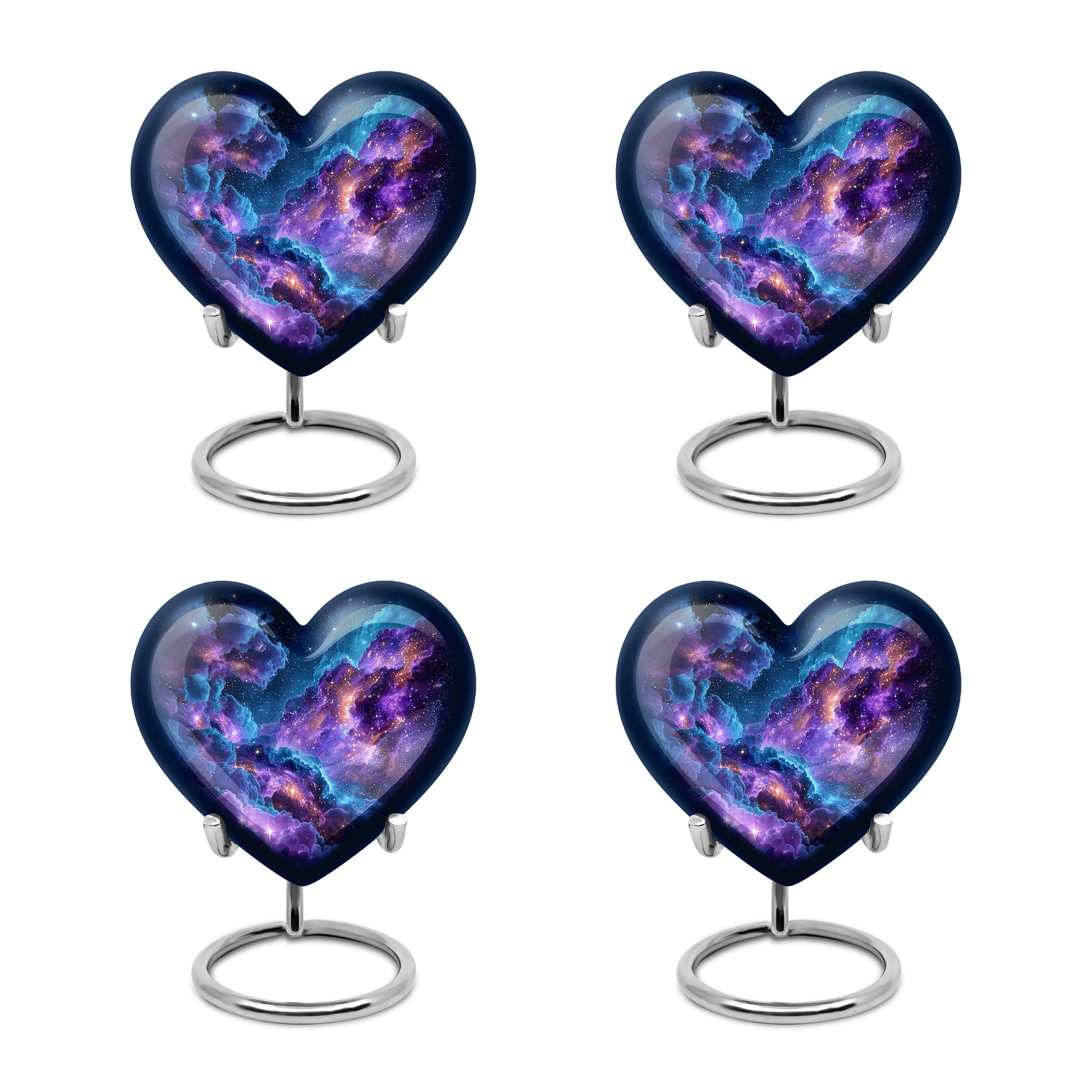 Indigo Galaxy Cremation Urn angled view of lid and engraved motif - loving heart memorial featuring galaxy pattern - 10 inch aluminum urn for cremated remains