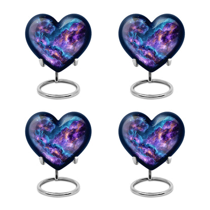 Indigo Galaxy Cremation Urn angled view of lid and engraved motif - loving heart memorial featuring galaxy pattern - 10 inch aluminum urn for cremated remains