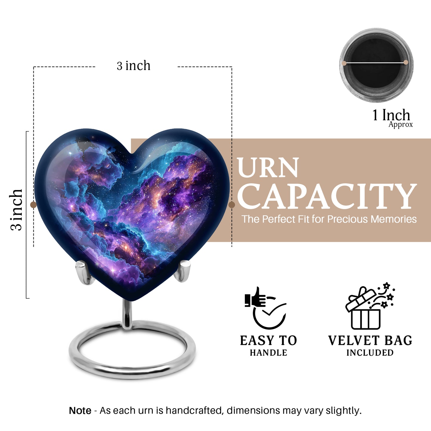 Sapphire Blue Galaxy Cremation Urn front view showing detailed design - compassionate heart-galaxy combination with gentle curves - mini keepsake memorial for portion of cremation ashes