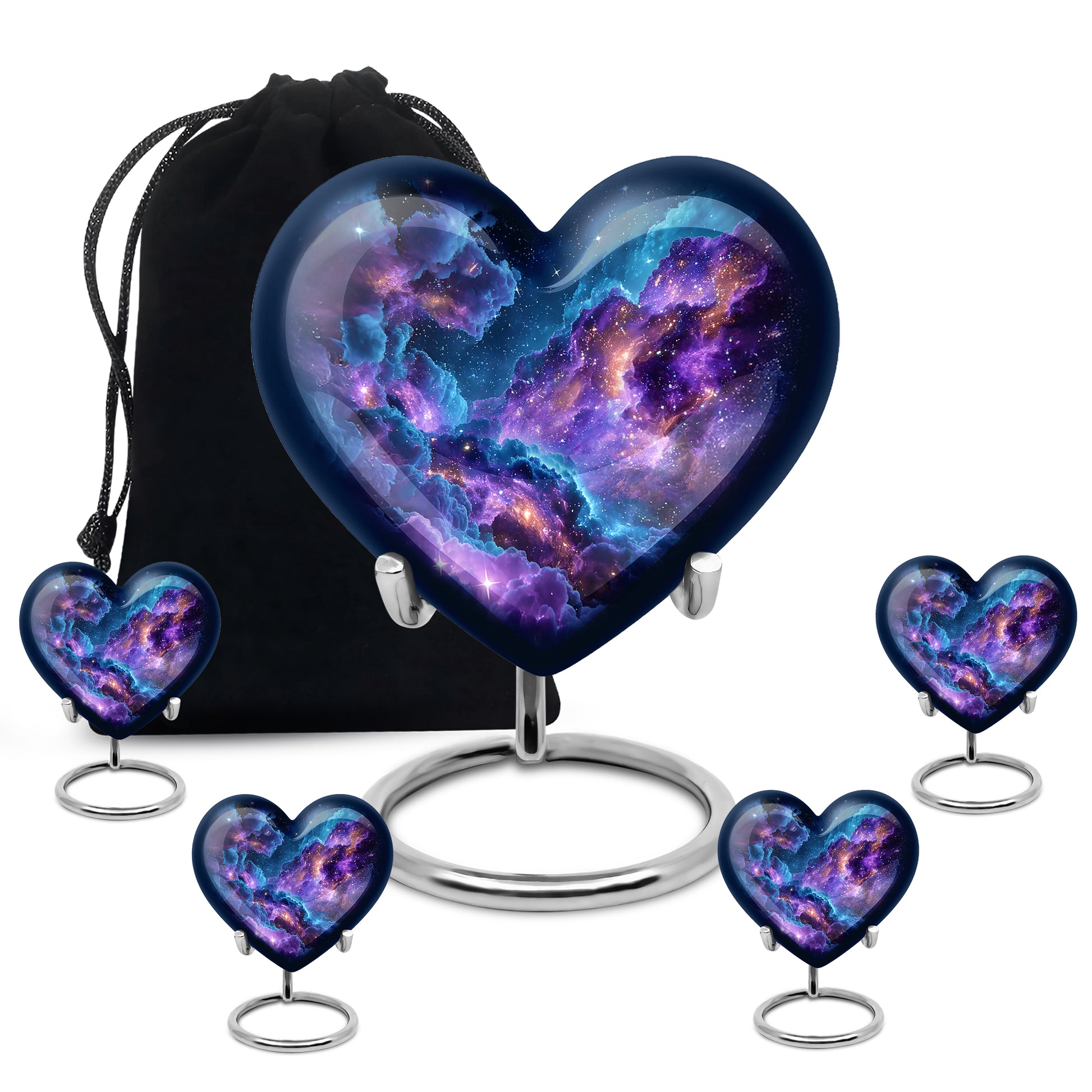 Sapphire Blue Galaxy Cremation Urn close-up of engraving and surface detail - romantic heart urn with galaxy motif on aluminum - memorial set with one large and four small urns
