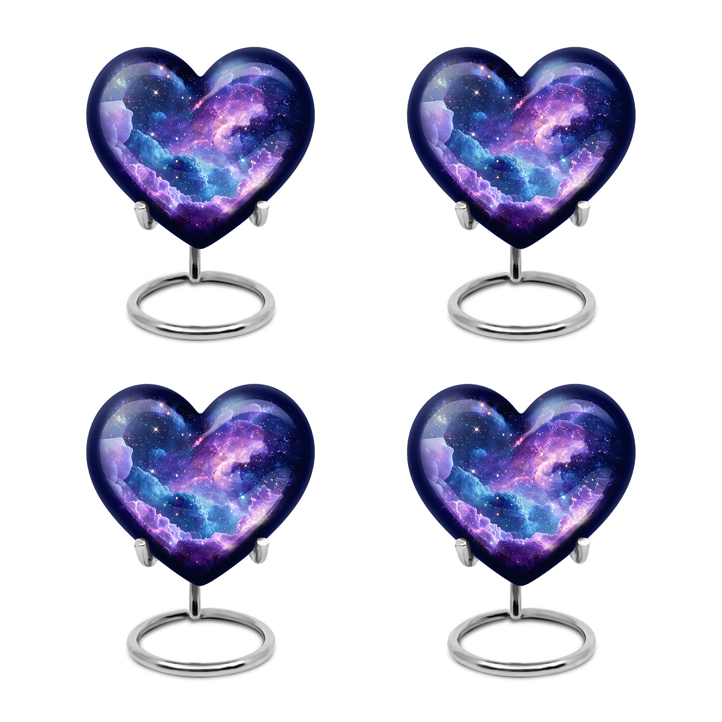 Sky Blue Galaxy Cremation Urn angled view of lid and engraved motif - loving heart memorial featuring galaxy pattern - 10 inch aluminum urn for cremated remains