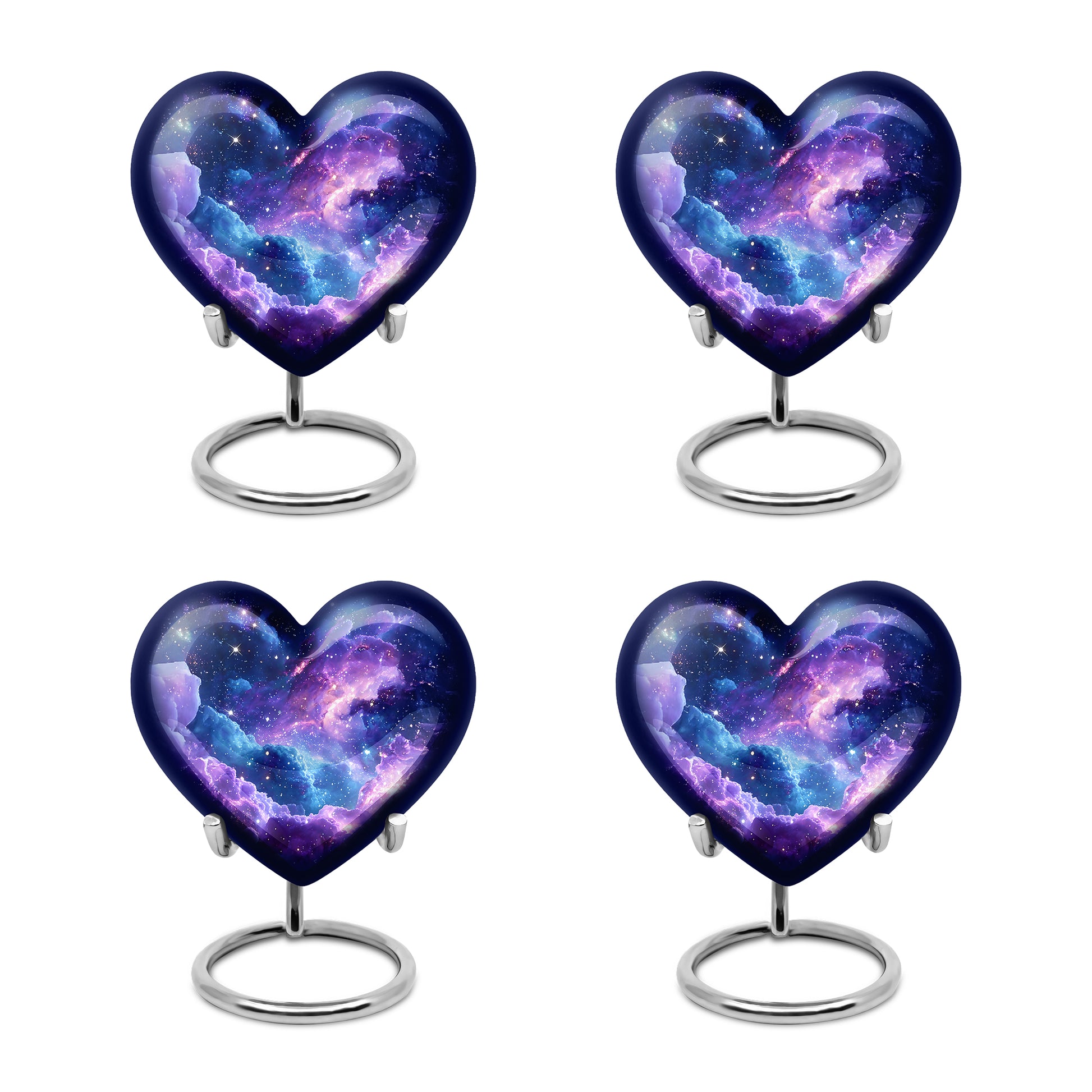 Sky Blue Galaxy Cremation Urn angled view of lid and engraved motif - loving heart memorial featuring galaxy pattern - 10 inch aluminum urn for cremated remains