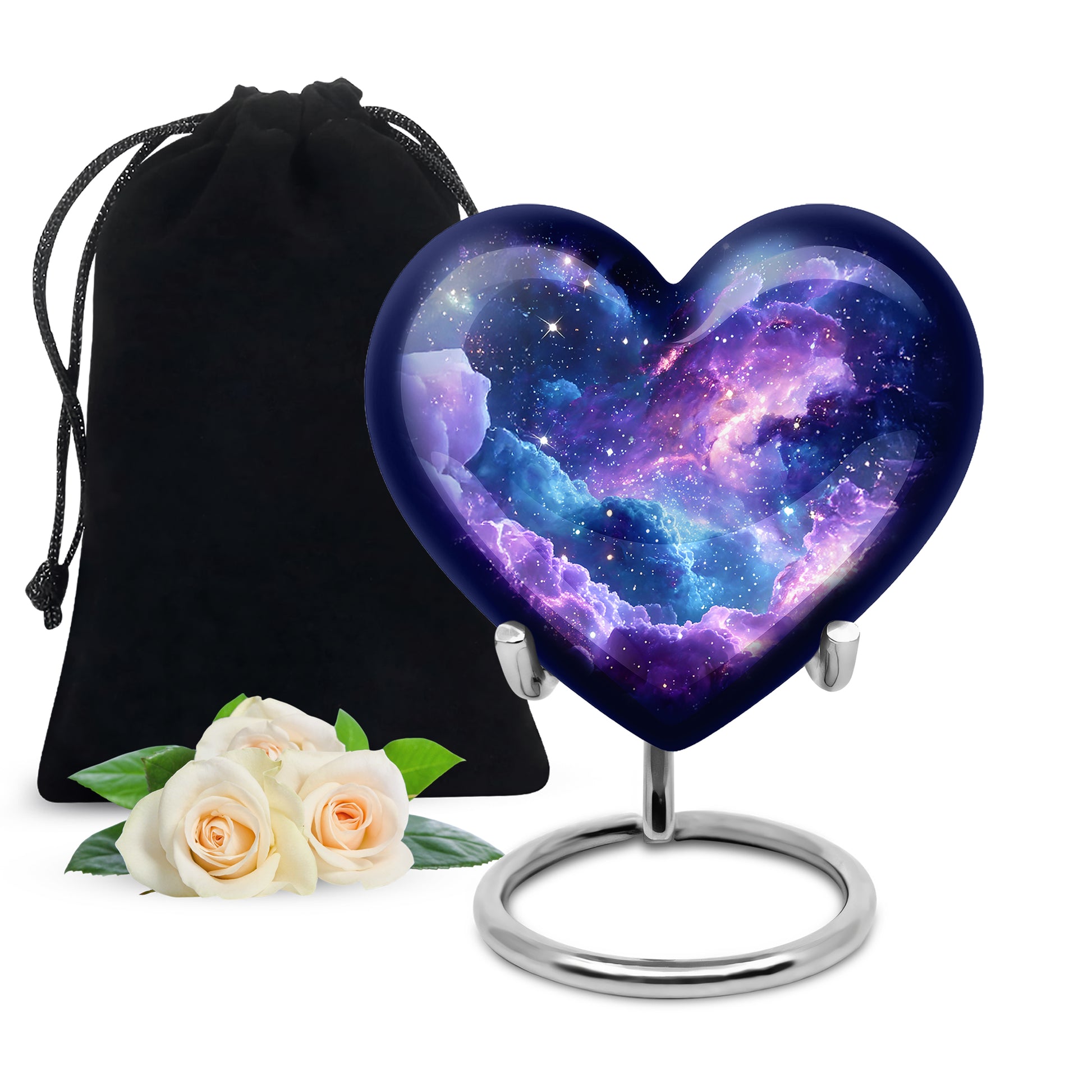 Sapphire Blue Galaxy Cremation Urn detail view - compassionate heart-galaxy combination with gentle curves - full-size 10 inch 200 cubic inch adult cremation urn