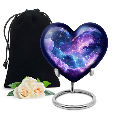 Sapphire Blue Galaxy Cremation Urn detail view - compassionate heart-galaxy combination with gentle curves - full-size 10 inch 200 cubic inch adult cremation urn