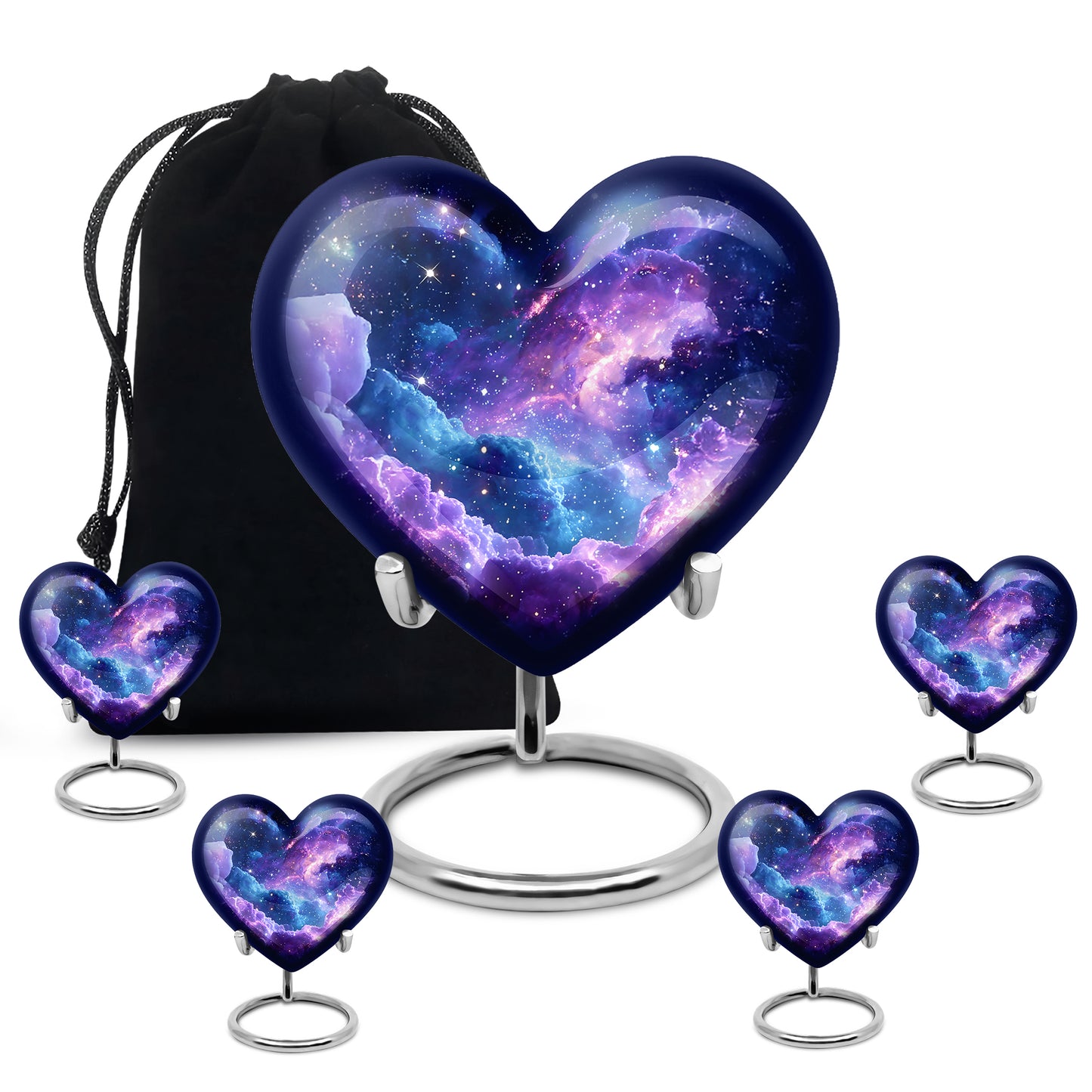Misty Blue Galaxy Cremation Urn close-up of engraving and surface detail - loving heart memorial featuring galaxy pattern - memorial set with one large and four small urns