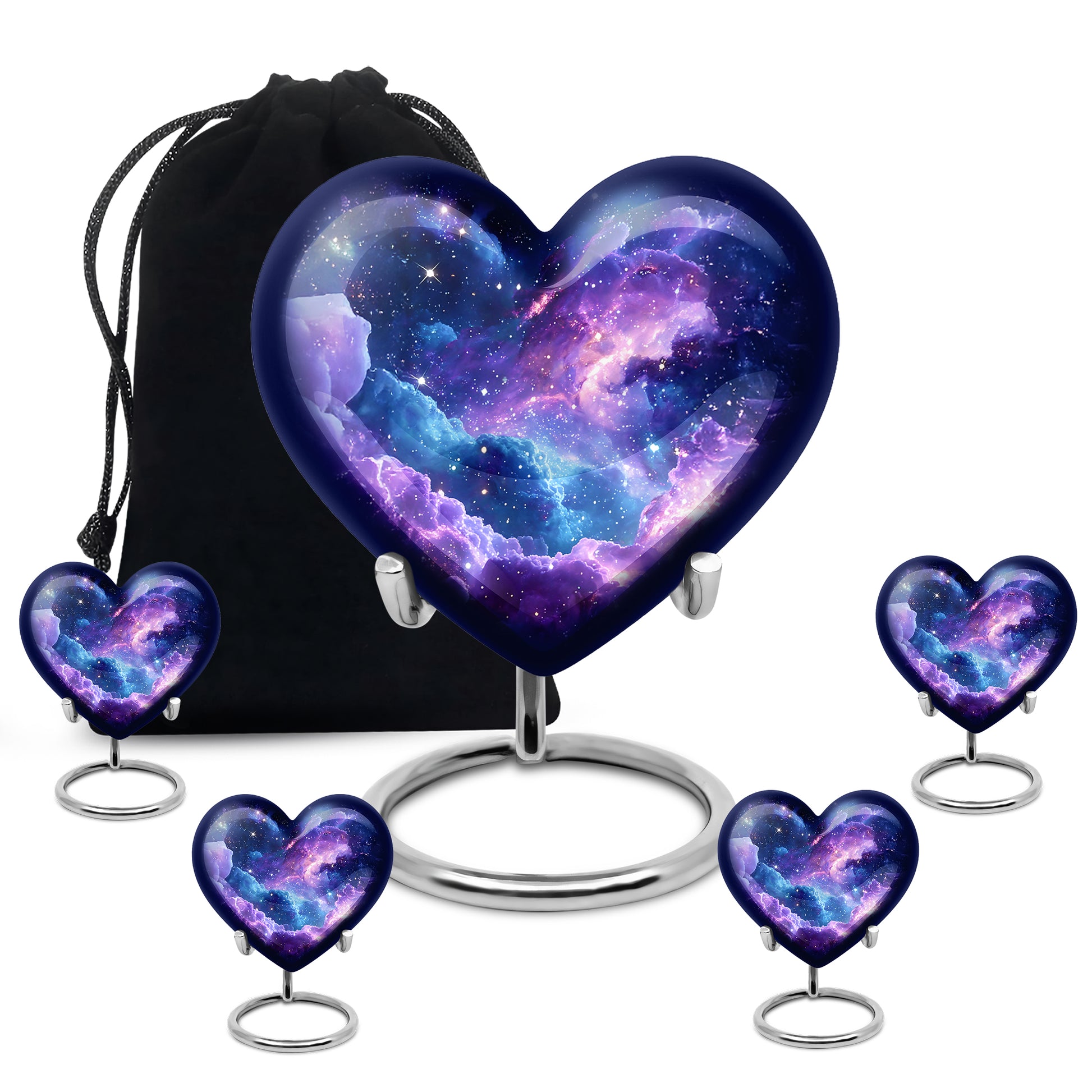 Misty Blue Galaxy Cremation Urn close-up of engraving and surface detail - loving heart memorial featuring galaxy pattern - memorial set with one large and four small urns